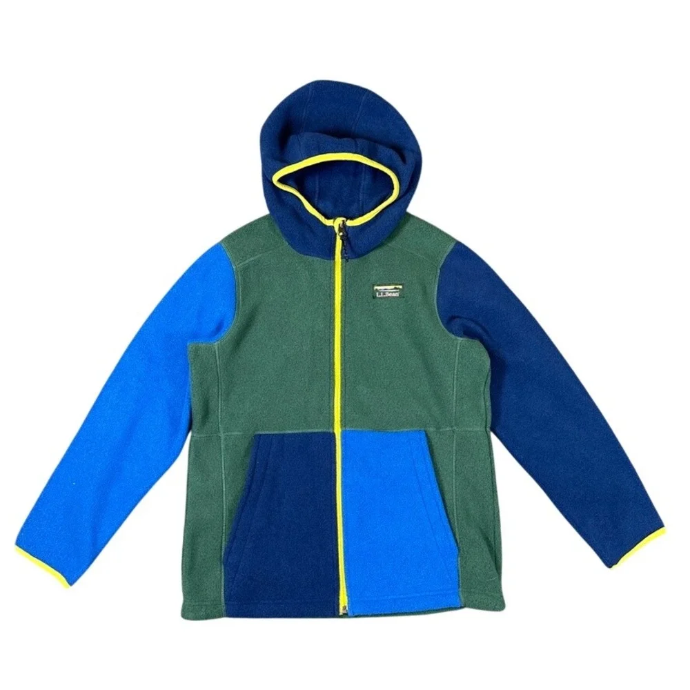 NWT LL Bean Kids Mountain Classic Fleece Hooded Jacket Colorblock Green L 14-16